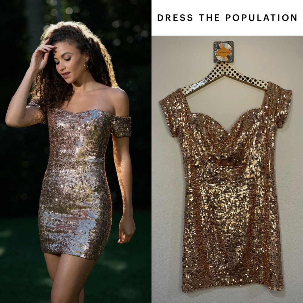 #165 Dress The Population Jada Stretch Rose Gold Sequin Off Shoulder Mini Dress